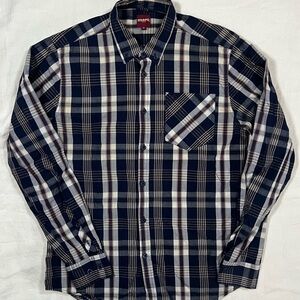Merc London Plaid Button Down Shirt Mens Medium Mod Style Navy Check Long Sleeve
